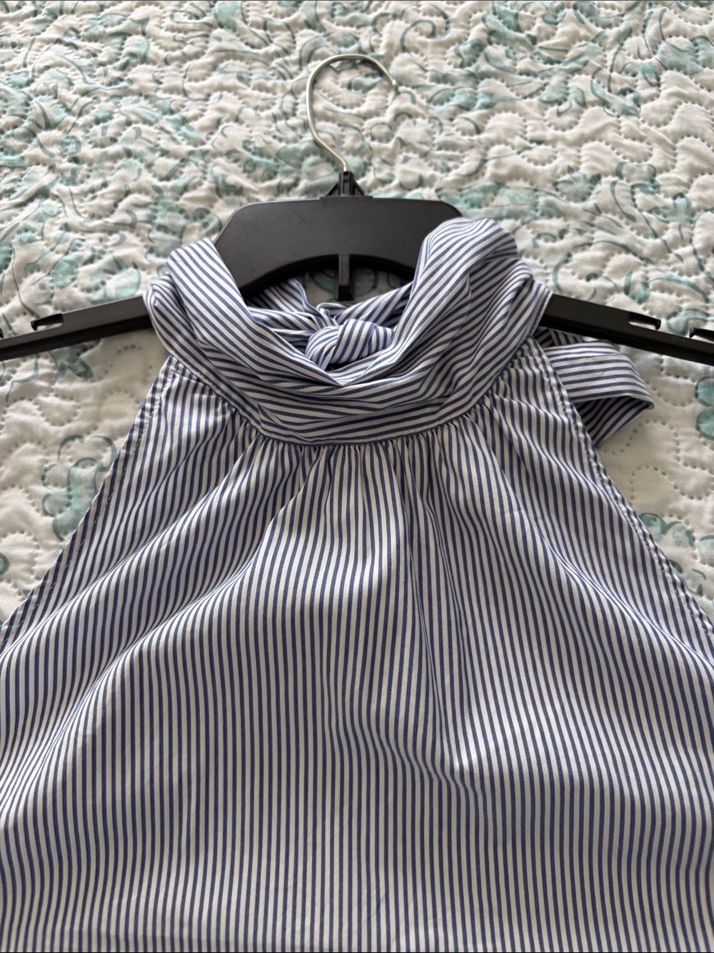 Hawthorne Striped High Neck Halter Top with Back Bow in Blue and White